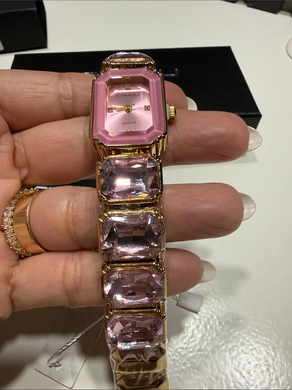 CRRJU Pink Crystal Link Fashion Watch